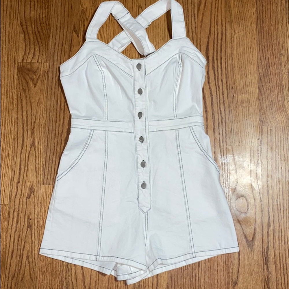 Blue Blush White Romper w/ Black Stitching